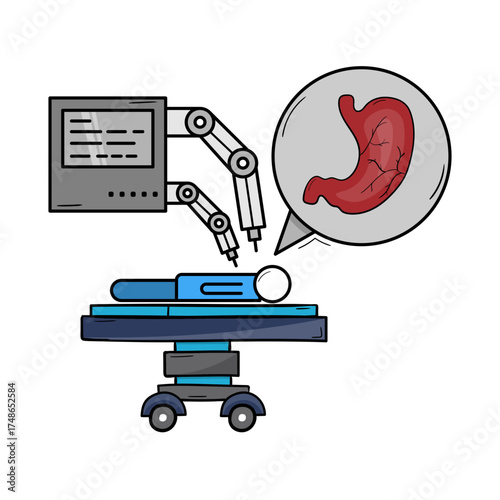 Robotic Surgery Icon for Stomach, Stomach surgery with robotic assistance, Robotic gastric surgery, Robotic-assisted abdominal surgery, and Minimally invasive stomach surgery. Vector illustration.