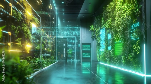 Futuristic interior with lush green plants and glowing neon lights