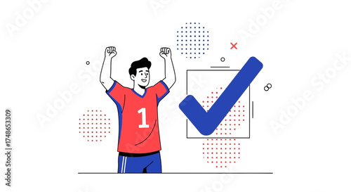 Successful Achievement Celebration Depicted With Enthusiastic Individual and Approval Symbol