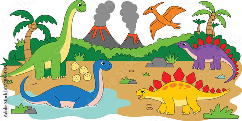 Cartoon dinosaur vector scene, erupting volcanoes, prehistoric landscape with eggs, palm trees, flying and land dinosaurs for kids, print, merchandise, education
