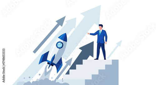 Successful Ascent: Business Leader Directing Rocket Launch to Illustrate Strategy and Growth