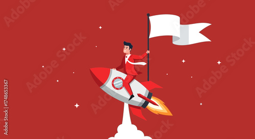 Successful Businessman Flying High On Rocket Ship Reaching Goals With White Flag