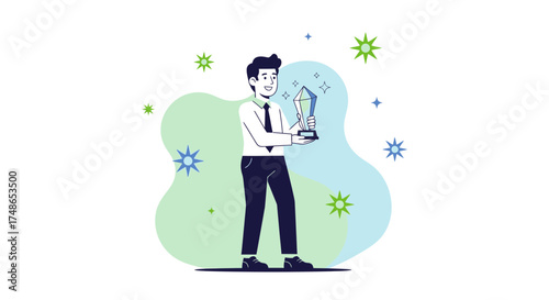 Successful Businessman Holding Achievement Trophy Celebrating a Winning Moment