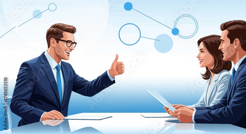Successful business meeting between colleagues with charts and data analysis vector illustration