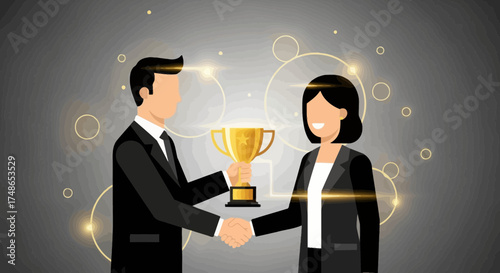 Successful Business Partnership Celebrating Achievement With An Elegant Trophy Award