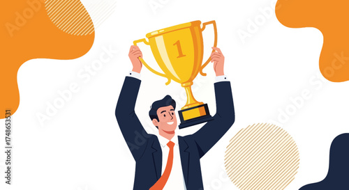 Successful Businessman Holding Trophy Celebrating Victory and Achieving Success in Business