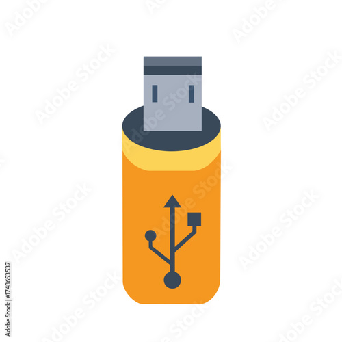 flat vector icon of an orange and grey USB flash drive with the USB symbol clearly visible