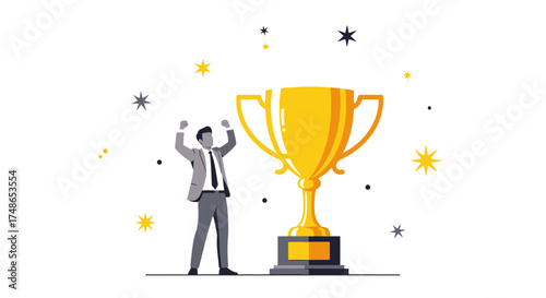 Successful Business Person Celebrating Achievement Standing Next to Huge Golden Trophy