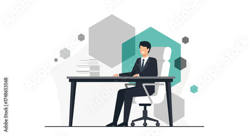 Successful Businessman In Suit At His Desk With Stack Of Papers Is Working