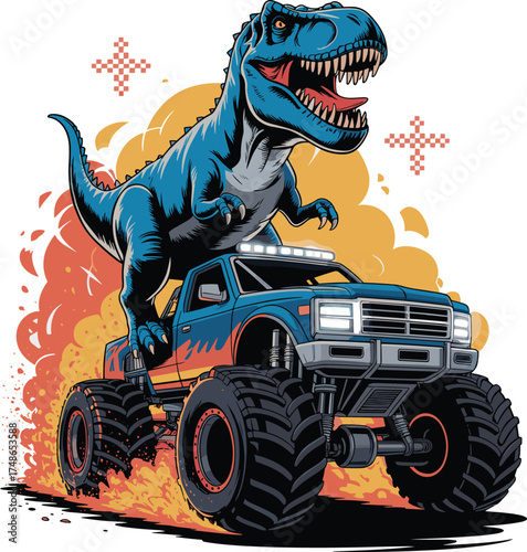 Cartoon T. rex on monster truck vector, roaring blue dinosaur with dust trail, action-packed prehistoric and modern mashup for kids, print, merchandise