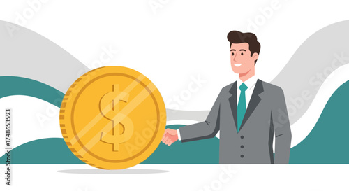 Successful Business Person Holding a Golden Dollar Coin, Financial Wealth Illustration