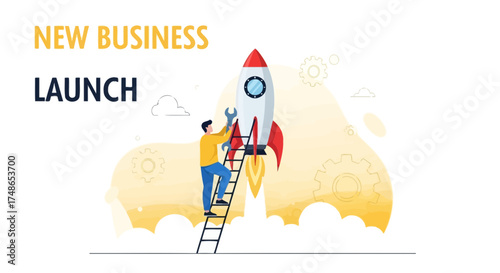 Successful Business Startup Launch: A Man Ascending to The Launching Rocket