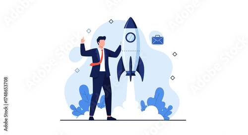 Successful Business Startup Venture: A Businessman Launches A Rocket to Success