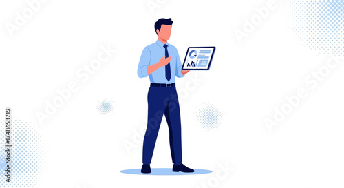 Successful Businessman Presenting Data Analysis With Statistical Charts And Graphs On Tablet