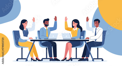 Successful Business Team Celebrating Achievement In Meeting Room With Their Hands Raised High