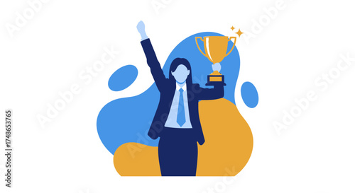 Successful Business Woman Celebrating Achievement Winning Trophy And Prize In Flat Design