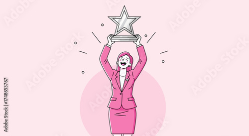 Successful Business Woman Celebrating Victory Holding Star Trophy Above Her Head