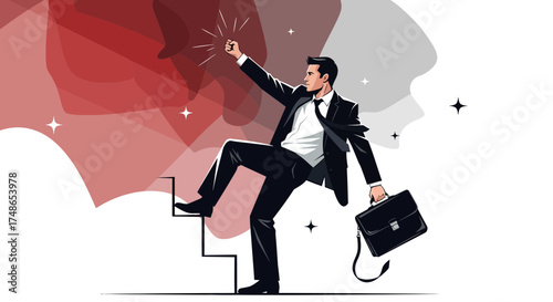 Successful Businessman Reaching New Heights on Staircase towards A Bright Future Ahead