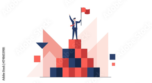 Successful Businessman Achieving Success, Victory Flag, Standing On Top Of The Summit