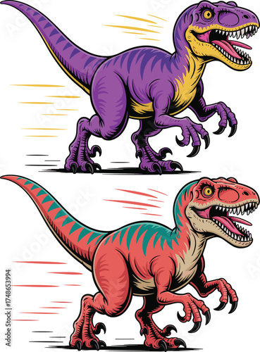Running cartoon T. rex vector set, purple and red dinosaurs with motion lines, dynamic prehistoric character illustration for kids, print, merchandise, education