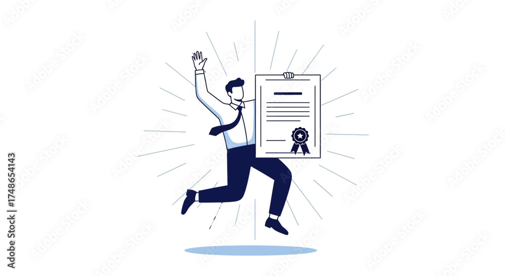 Fototapeta premium Successful businessman celebrates with a certificate and jumps with joy, vector design