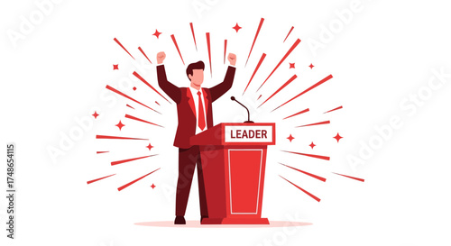 Successful Businessman Standing Behind The Podium Celebrating Victory With Bright Rays