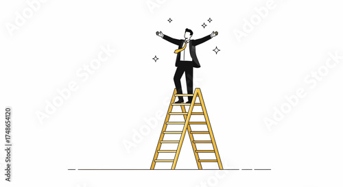 Successful Businessman Standing Atop a Ladder Representing Achievement and Success