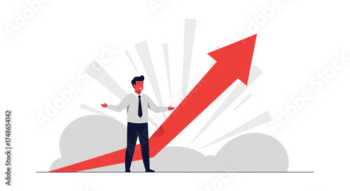 Successful businessman standing in front of upward trend arrow with optimistic expression