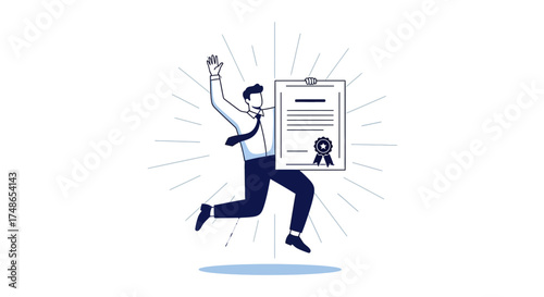 Successful businessman celebrates with a certificate and jumps with joy, vector design