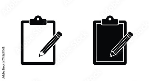 Two black clipboard icons with pencils one with blank space
