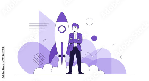 Successful Businessman Standing Next to a Futuristic Rocket and Purple Geometric Shapes
