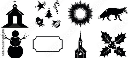 Vector art of christmas and winter themed black silhouette icons including a church, snowman, fox, and holly