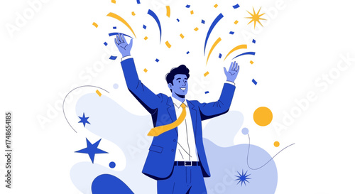 Successful Businessman Celebrating Achievement Amidst Confetti and Festive Atmosphere