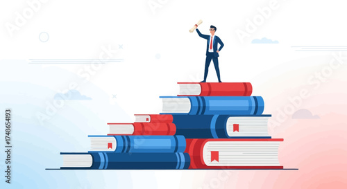 Successful Businessman Standing With Diploma On Stack Of Books Above The Clouds