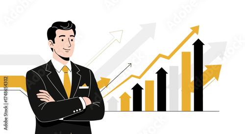 Successful businessman with rising financial graph representing business growth and progress