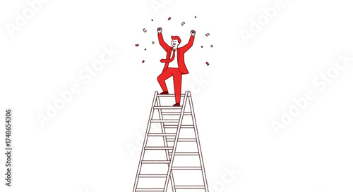 Successful businessman celebrating his achievement on top of a ladder with confetti falling