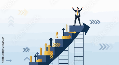 Successful Businessman Celebrating on top of a Growth Arrow Ladder over a Blue Gradient