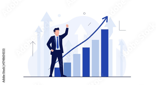 Successful Businessman Celebrating Progress and Growth in Upward Trending Financial Data
