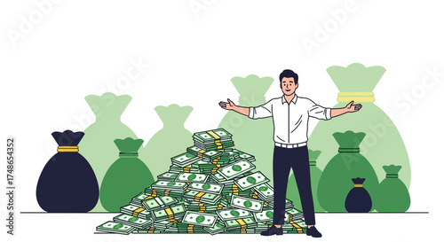 Successful Businessman with Wealthy Mindset Standing Near A Pile of Money and Full Bags