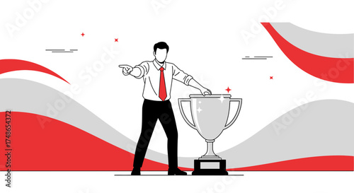 Successful businessman celebrating victory and pointing towards the achievements with trophy