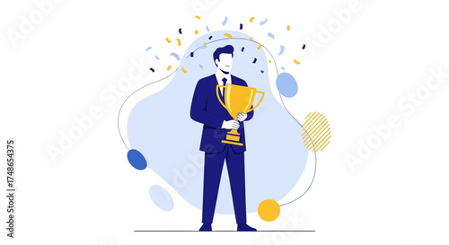 Successful Businessman Celebrating Victory Holding a Golden Trophy with Festive Confetti