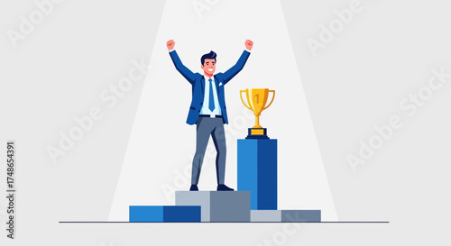Successful Businessman Celebrating Victory Standing On Top, Winning First Prize, Reaching Success
