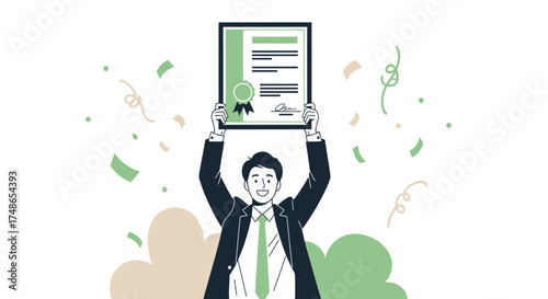 Successful businessman celebrating with a diploma illustration, achieving his goals and objectives