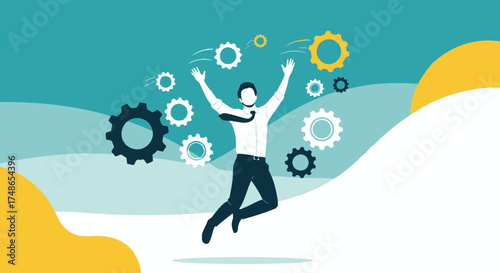 Successful Businessperson Jumping With Joy Surrounded By Mechanical Gears Illustrative