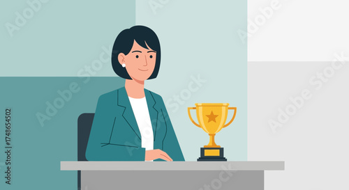 Successful Businesswoman Celebrates Achievement With Award Trophy In The Workplace Setting