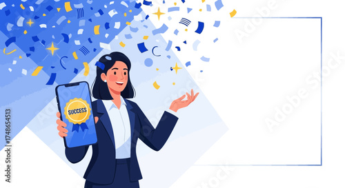 Successful Businesswoman Celebrates Achievement With Digital Technology and Joyous Accolades