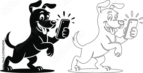 Happy cartoon dog taking a selfie with a smartphone, black and white vector icon set