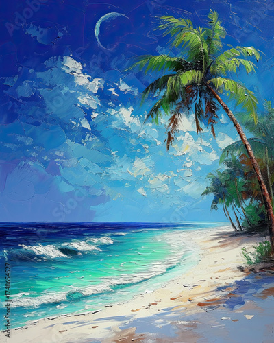 A seashore with palm trees and sand covered by turquoise ocean waves. Oil painting.