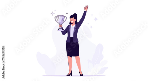 Successful Businesswoman Celebrates Achievement With Trophy In Hand and Raised Arm