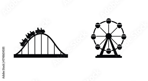 Simple black and white icons depicting a roller coaster and ferris wheel